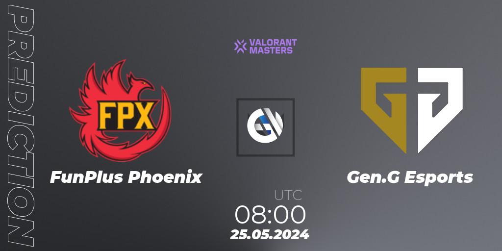 FunPlus Phoenix contre Gen.G Esports : prédiction de match. 25.05.2024 at 08:00. VALORANT, VCT 2024: Masters Shanghai