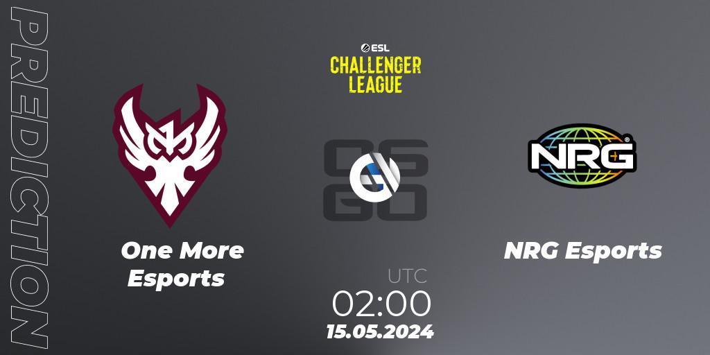 One More Esports contre NRG Esports : prédiction de match. 15.05.2024 at 02:00. Counter-Strike (CS2), ESL Challenger League Season 47: North America