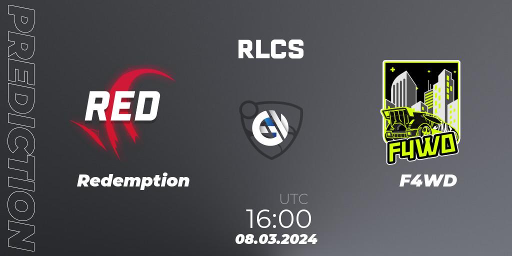 Redemption contre F4WD : prédiction de match. 08.03.2024 at 16:00. Rocket League, RLCS 2024 - Major 1: Europe Open Qualifier 3