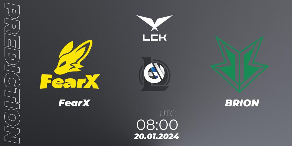 FearX contre BRION : prédiction de match. 20.01.2024 at 06:00. LoL, LCK Spring 2024 - Group Stage