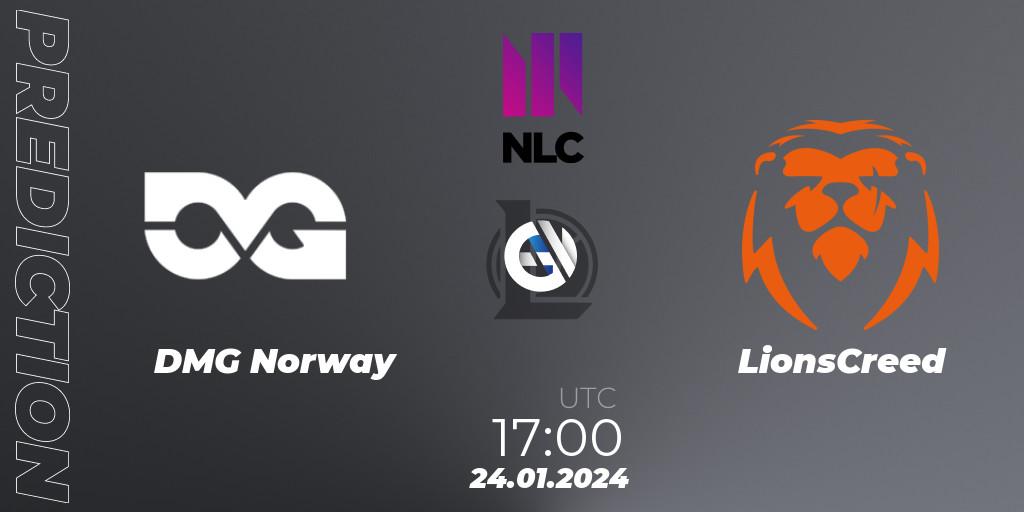 DMG Norway contre LionsCreed : prédiction de match. 24.01.2024 at 18:00. LoL, NLC 1st Division Spring 2024