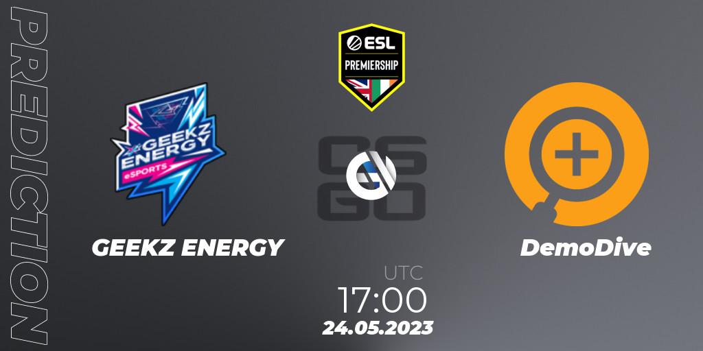 GEEKZ ENERGY contre DemoDive : prédiction de match. 24.05.2023 at 17:00. Counter-Strike (CS2), ESL Premiership Spring 2023
