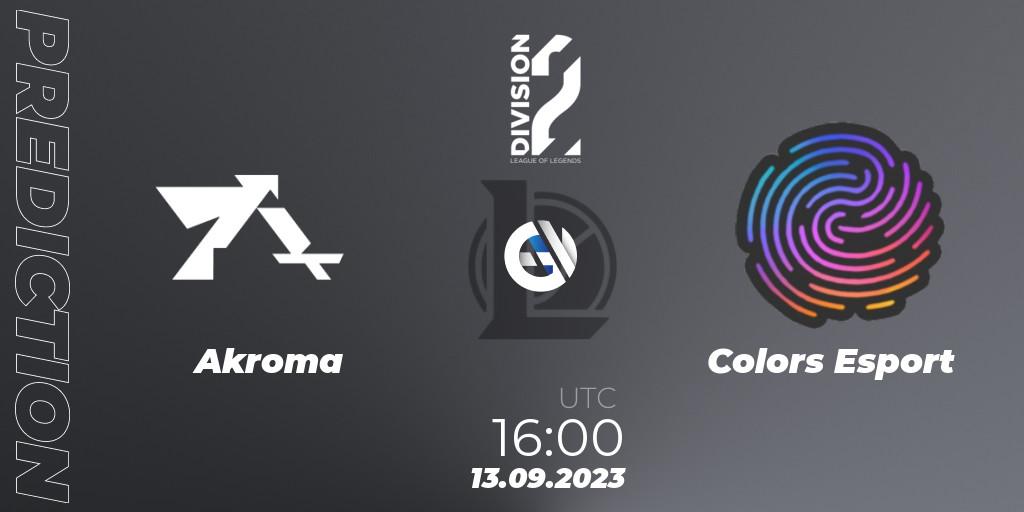 Akroma contre Colors Esport : prédiction de match. 13.09.2023 at 16:00. LoL, LFL Division 2 2024 - Up & Down