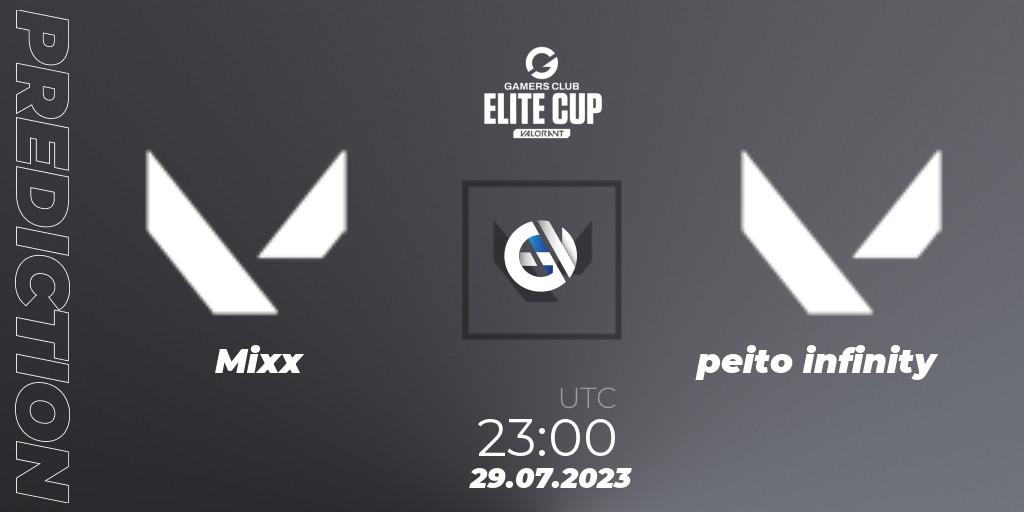 Mixx contre peito infinity : prédiction de match. 29.07.2023 at 23:00. VALORANT, Gamers Club Elite Cup 2023