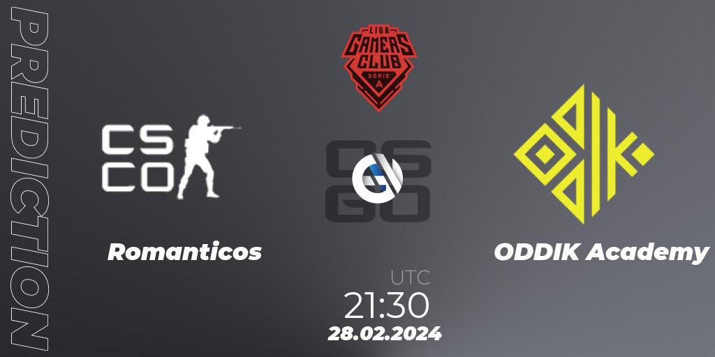 Romanticos contre ODDIK Academy : prédiction de match. 28.02.2024 at 21:30. Counter-Strike (CS2), Gamers Club Liga Série A: February 2024
