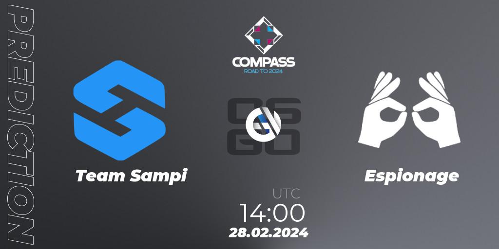 Team Sampi contre Espionage : prédiction de match. 28.02.2024 at 14:00. Counter-Strike (CS2), YaLLa Compass Spring 2024 Contenders