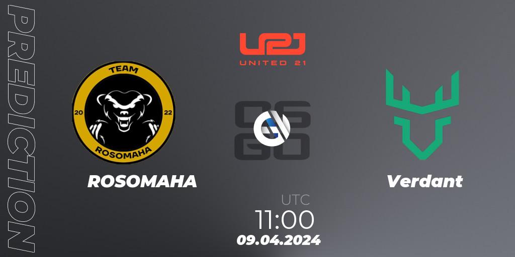 ROSOMAHA contre Verdant : prédiction de match. 09.04.2024 at 11:00. Counter-Strike (CS2), United21 Season 14