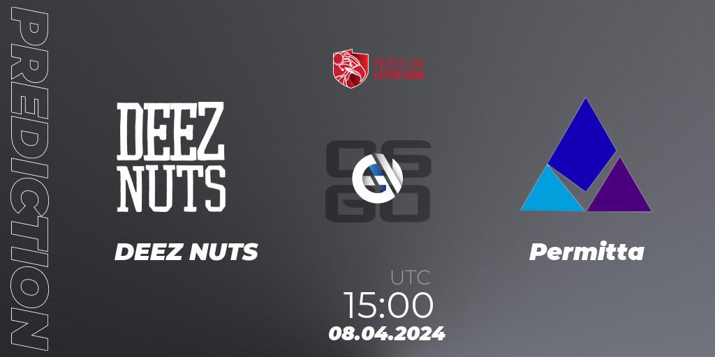 DEEZ NUTS contre Permitta : prédiction de match. 08.04.2024 at 15:00. Counter-Strike (CS2), Polska Liga Esportowa 2024: Split #1