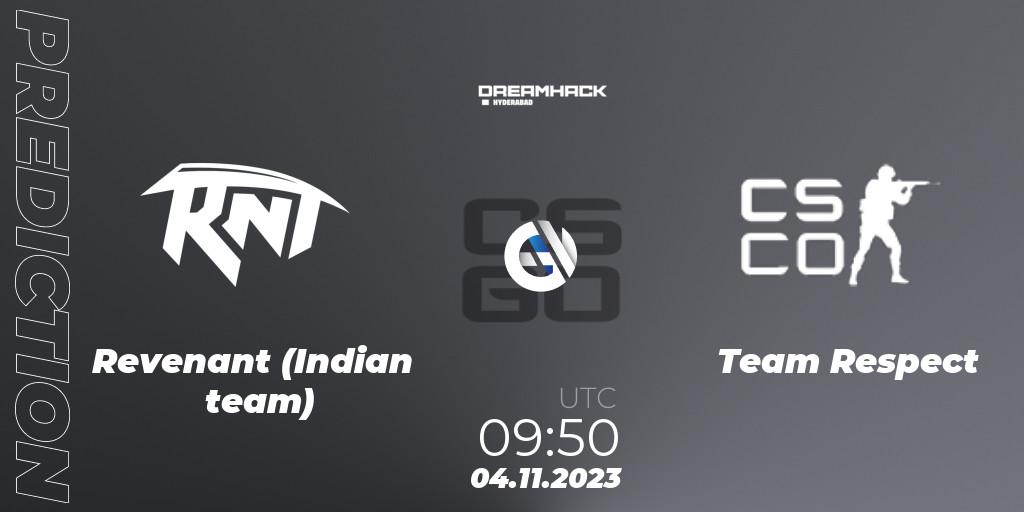 Revenant (Indian team) contre Team Respect : prédiction de match. 04.11.2023 at 08:45. Counter-Strike (CS2), DreamHack Hyderabad Invitational 2023