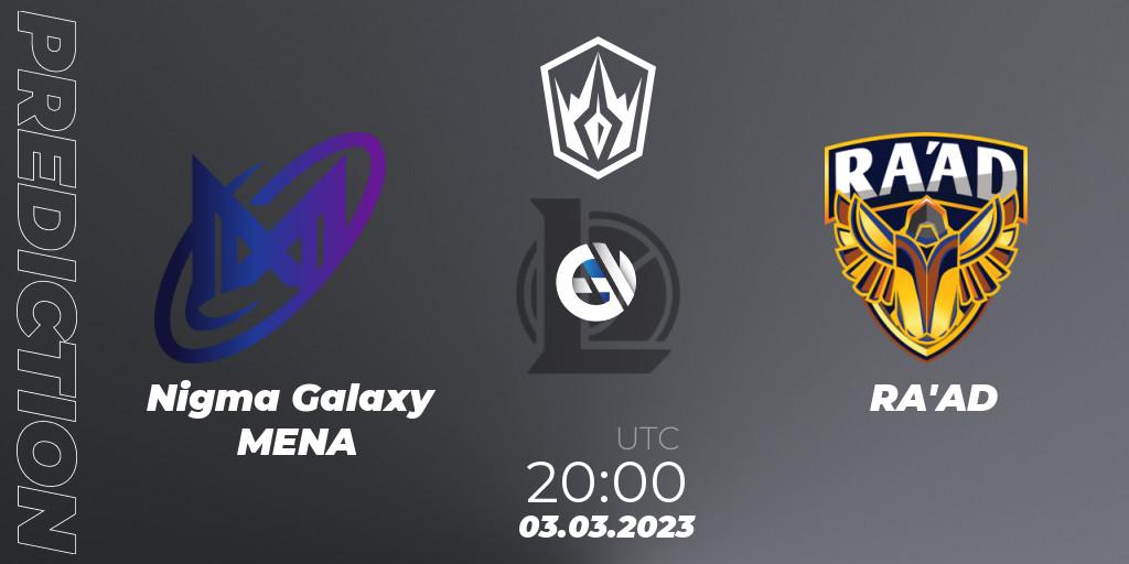 Nigma Galaxy MENA contre RA'AD : prédiction de match. 03.03.2023 at 20:00. LoL, Arabian League Spring 2023
