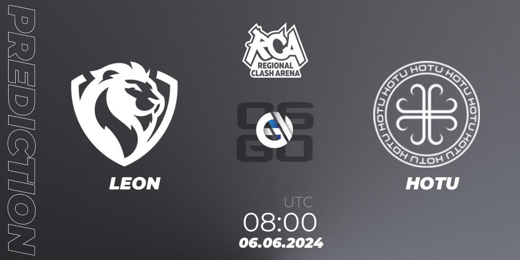 LEON contre HOTU : prédiction de match. 06.06.2024 at 08:00. Counter-Strike (CS2), Regional Clash Arena CIS