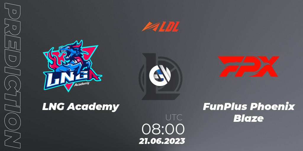 LNG Academy contre FunPlus Phoenix Blaze : prédiction de match. 21.06.2023 at 09:00. LoL, LDL 2023 - Regular Season - Stage 3