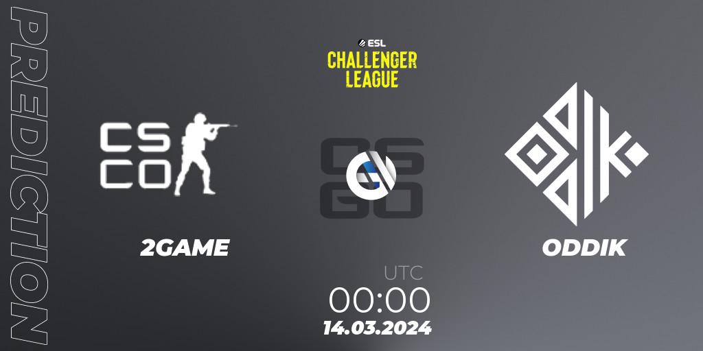 2GAME contre ODDIK : prédiction de match. 16.03.2024 at 00:00. Counter-Strike (CS2), ESL Challenger League Season 47: South America