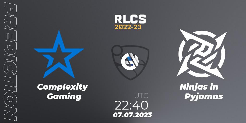 Complexity Gaming contre Ninjas in Pyjamas : prédiction de match. 07.07.2023 at 23:00. Rocket League, RLCS 2022-23 Spring Major