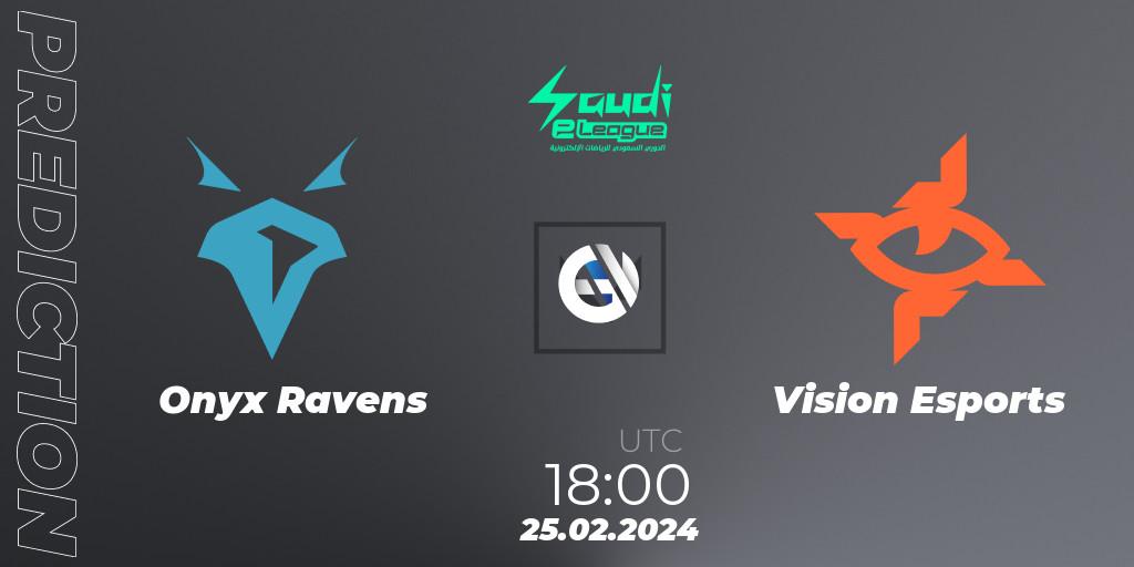 Onyx Ravens contre Vision Esports : prédiction de match. 25.02.2024 at 18:00. VALORANT, Saudi eLeague 2024: Major 1