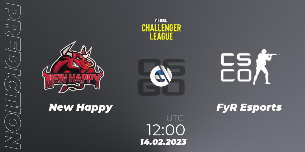 NewHappy contre FyR Esports : prédiction de match. 14.02.2023 at 12:00. Counter-Strike (CS2), ESL Challenger League Season 44: Asia-Pacific