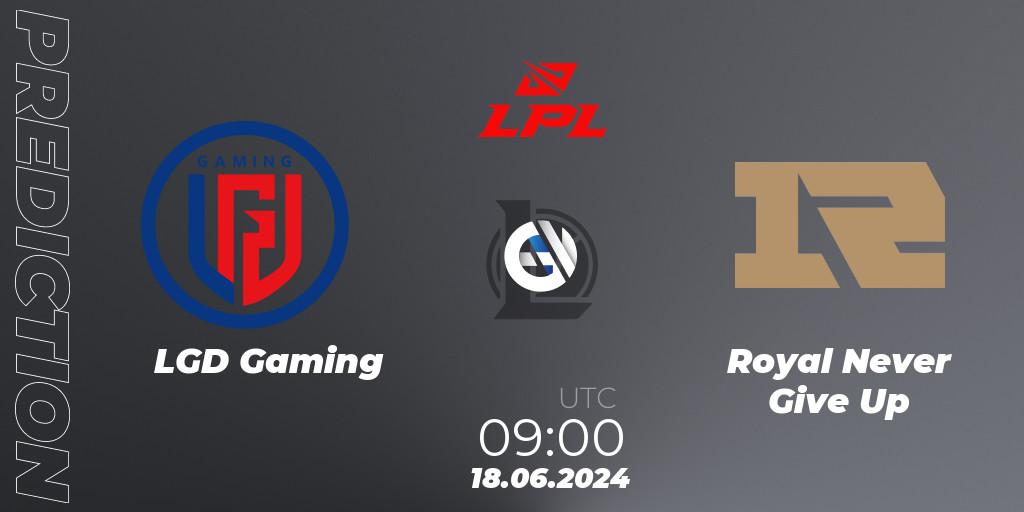 LGD Gaming contre Royal Never Give Up : prédiction de match. 18.06.2024 at 09:00. LoL, LPL 2024 Summer - Group Stage