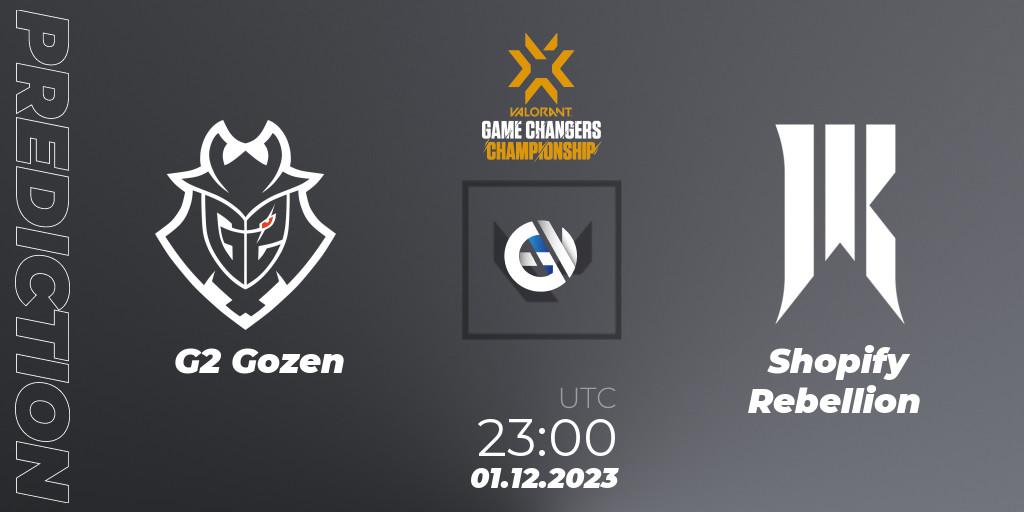 G2 Gozen contre Shopify Rebellion : prédiction de match. 01.12.2023 at 22:15. VALORANT, VCT 2023: Game Changers Championship