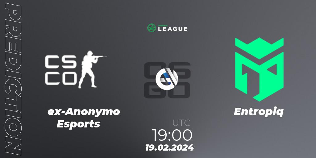 ex-Anonymo Esports contre Entropiq : prédiction de match. 19.02.2024 at 19:00. Counter-Strike (CS2), ESEA Season 48: Advanced Division - Europe