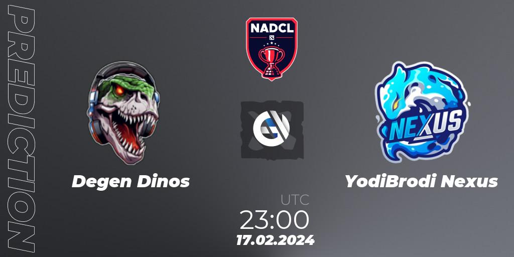 Degen Dinos contre YodiBrodi Nexus : prédiction de match. 17.02.2024 at 23:00. Dota 2, North American Dota Challengers League Season 6 Division 1
