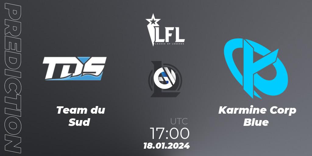 Team du Sud contre Karmine Corp Blue : prédiction de match. 18.01.2024 at 17:00. LoL, LFL Spring 2024