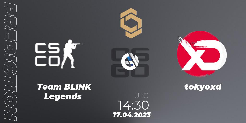 Team BLINK Legends contre tokyoxd : prédiction de match. 17.04.2023 at 14:30. Counter-Strike (CS2), CCT South Europe Series #4: Closed Qualifier