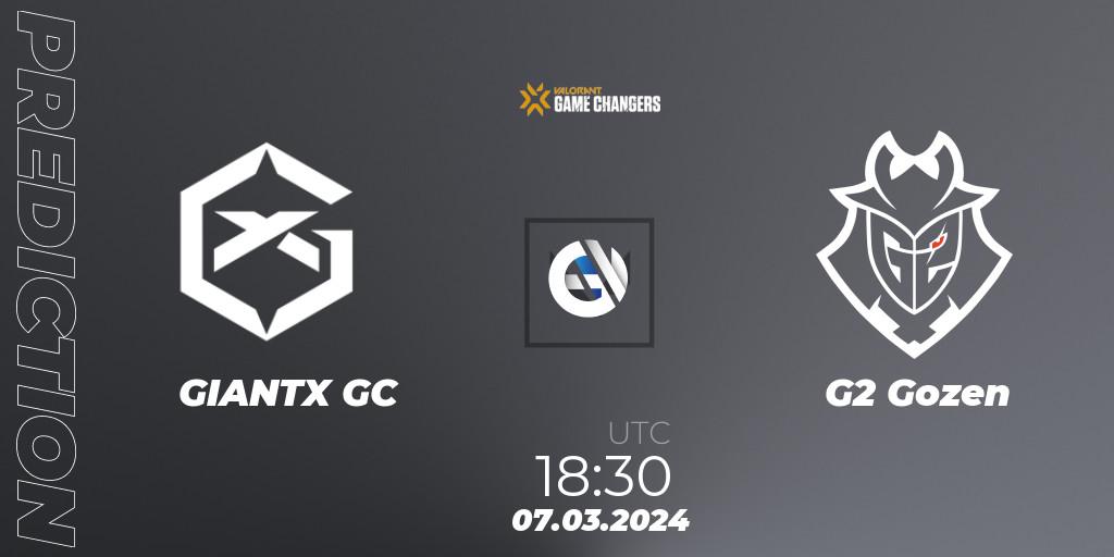 GIANTX GC contre G2 Gozen : prédiction de match. 07.03.2024 at 18:30. VALORANT, VCT 2024: Game Changers EMEA Stage 1