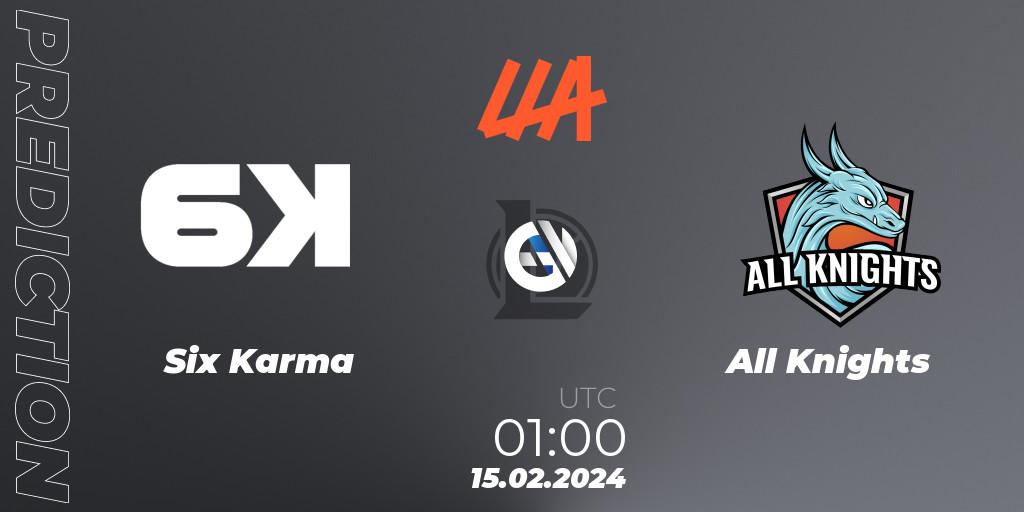 Six Karma contre All Knights : prédiction de match. 15.02.2024 at 01:00. LoL, LLA 2024 Opening Group Stage