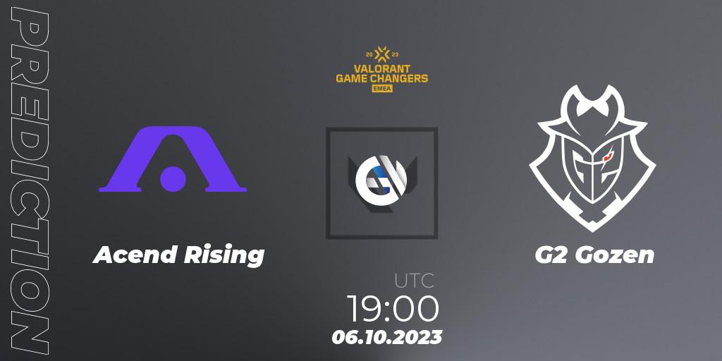 Acend Rising contre G2 Gozen : prédiction de match. 06.10.2023 at 18:10. VALORANT, VCT 2023: Game Changers EMEA Stage 3 - Playoffs