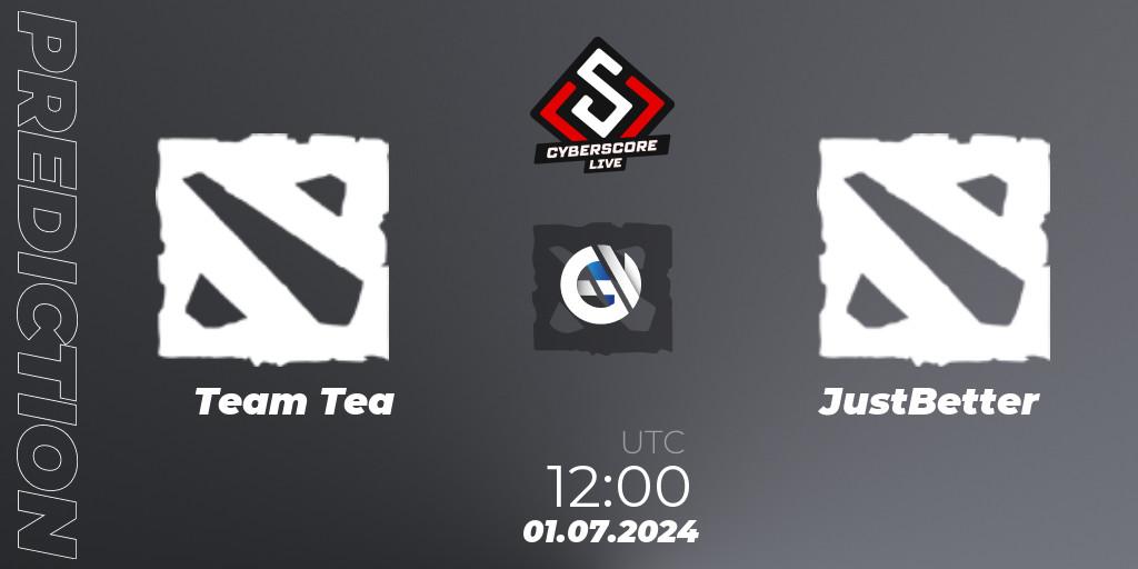 Team Tea contre JustBetter : prédiction de match. 08.07.2024 at 18:00. Dota 2, CyberScore Cup
