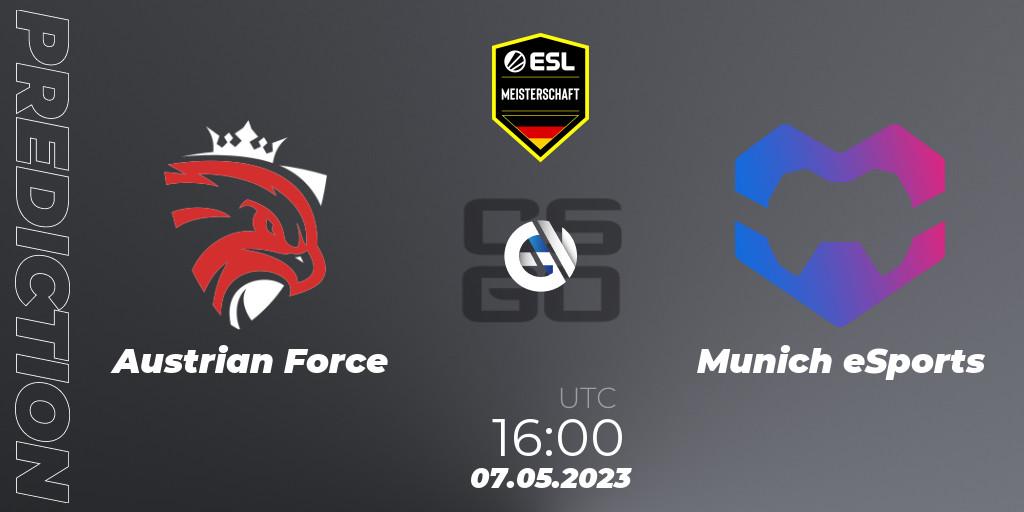 Austrian Force contre Munich eSports : prédiction de match. 07.05.2023 at 16:00. Counter-Strike (CS2), ESL Meisterschaft: Spring 2023 - Division 2