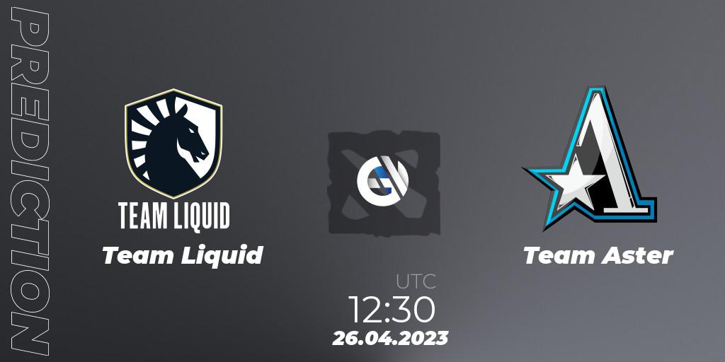 Team Liquid contre Team Aster : prédiction de match. 26.04.2023 at 12:30. Dota 2, The Berlin Major 2023 ESL - Group Stage