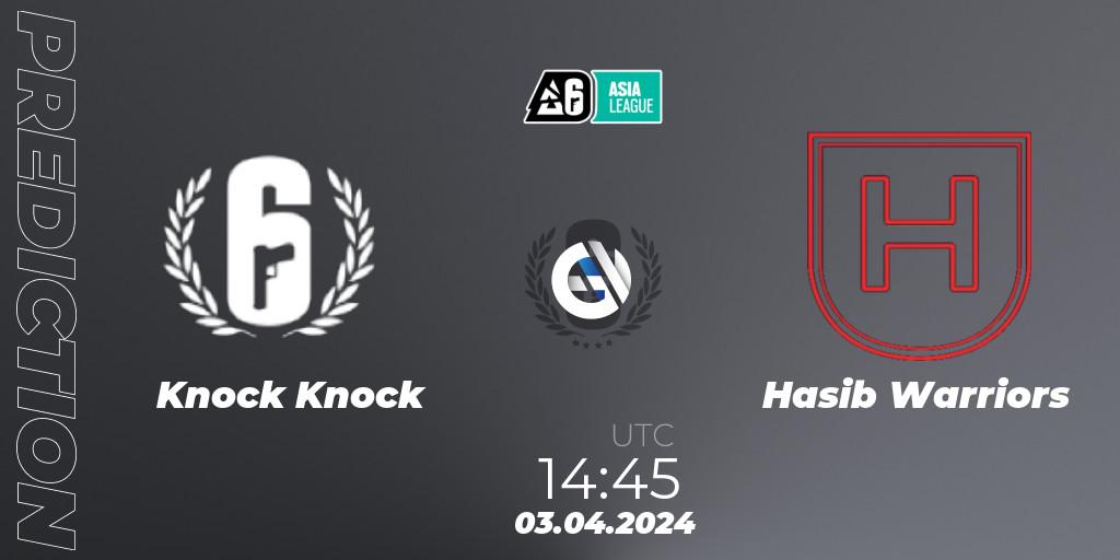 Knock Knock contre Hasib Warriors : prédiction de match. 03.04.2024 at 14:45. Rainbow Six, Asia League 2024 - Stage 1