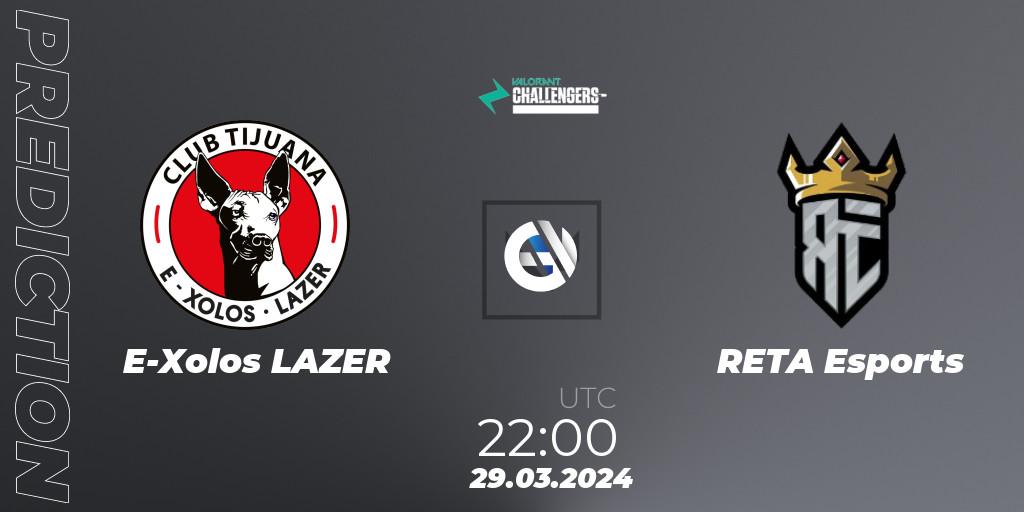 E-Xolos LAZER contre RETA Esports : prédiction de match. 30.03.2024 at 01:00. VALORANT, VALORANT Challengers 2024: LAN Split 1
