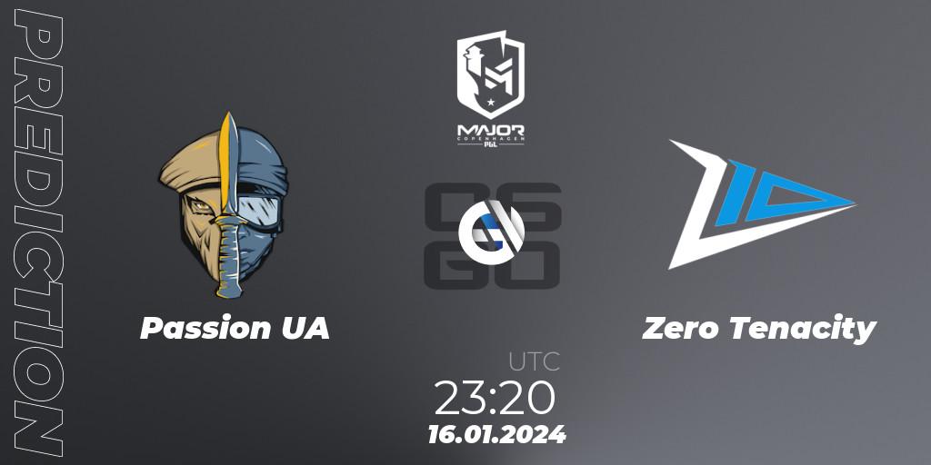 Passion UA contre Zero Tenacity : prédiction de match. 16.01.2024 at 23:20. Counter-Strike (CS2), PGL CS2 Major Copenhagen 2024 Europe RMR Open Qualifier 4