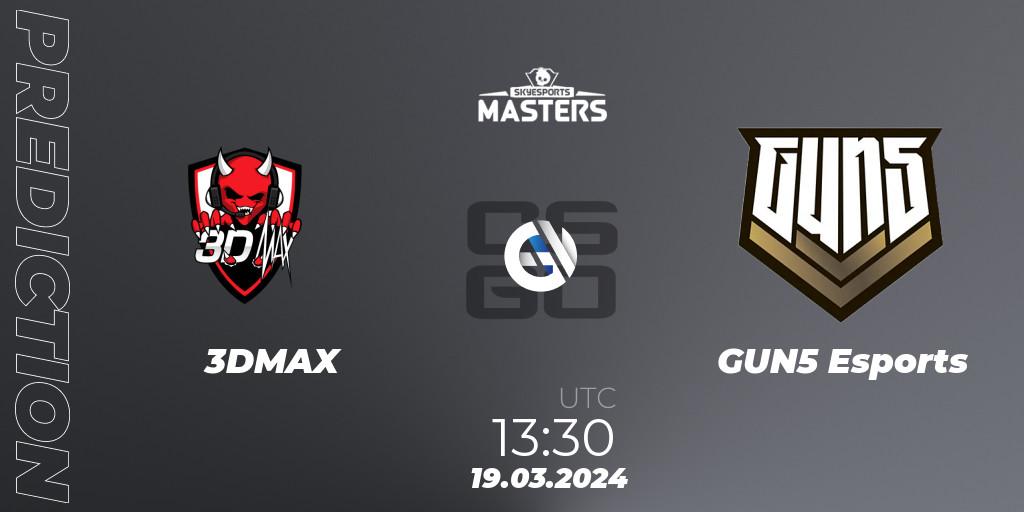 3DMAX contre GUN5 Esports : prédiction de match. 19.03.2024 at 13:20. Counter-Strike (CS2), Skyesports Masters 2024: European Qualifier