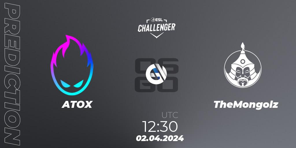 ATOX contre TheMongolz : prédiction de match. 02.04.2024 at 12:30. Counter-Strike (CS2), ESL Challenger #57: Asian Closed Qualifier