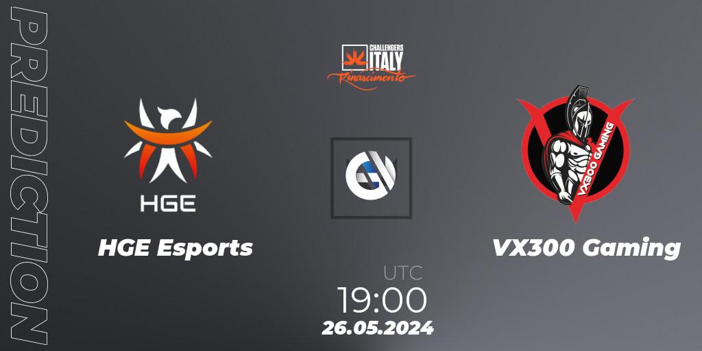 HGE Esports contre VX300 Gaming : prédiction de match. 26.05.2024 at 19:00. VALORANT, VALORANT Challengers 2024 Italy: Rinascimento Split 2