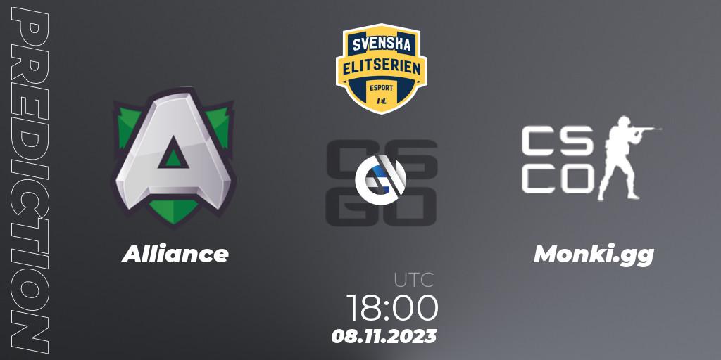 Alliance contre Monki.gg : prédiction de match. 08.11.2023 at 18:00. Counter-Strike (CS2), Svenska Elitserien Fall 2023: Online Stage