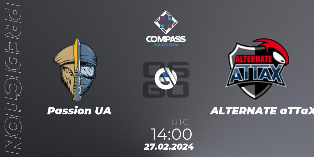 Passion UA contre ALTERNATE aTTaX : prédiction de match. 27.02.2024 at 14:00. Counter-Strike (CS2), YaLLa Compass Spring 2024 Contenders
