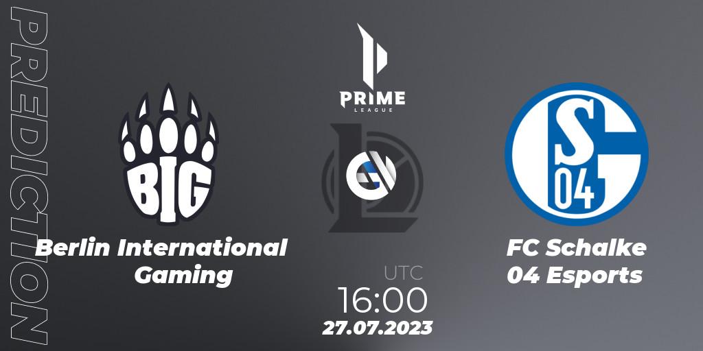 Berlin International Gaming contre FC Schalke 04 Esports : prédiction de match. 27.07.2023 at 16:00. LoL, Prime League Summer 2023 - Playoffs