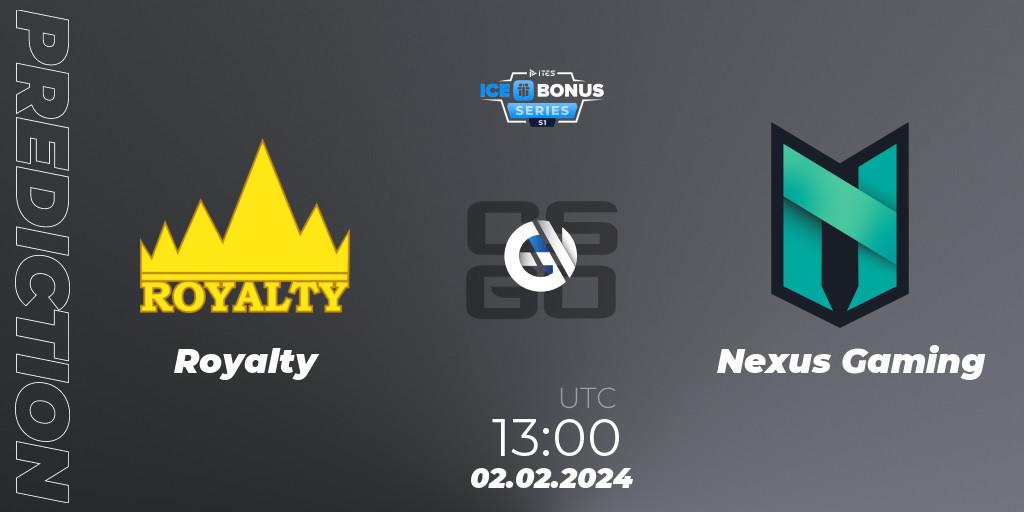 Royalty contre Nexus Gaming : prédiction de match. 02.02.2024 at 14:00. Counter-Strike (CS2), IceBonus Series #1