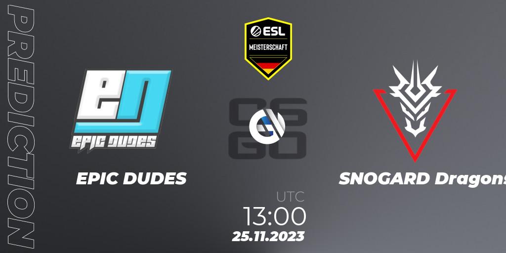EPIC DUDES contre SNOGARD Dragons : prédiction de match. 25.11.2023 at 13:00. Counter-Strike (CS2), ESL Meisterschaft: Autumn 2023