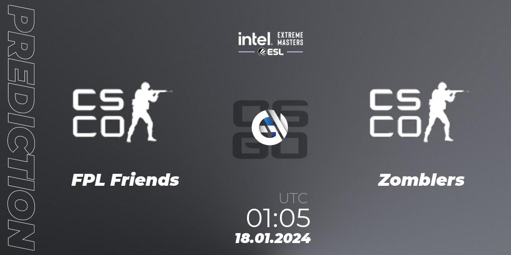 FPL Friends contre Zomblers : prédiction de match. 18.01.2024 at 01:05. Counter-Strike (CS2), Intel Extreme Masters China 2024: North American Open Qualifier #2