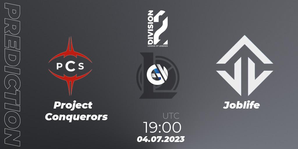 Project Conquerors contre Joblife : prédiction de match. 04.07.2023 at 19:00. LoL, LFL Division 2 Summer 2023 - Group Stage