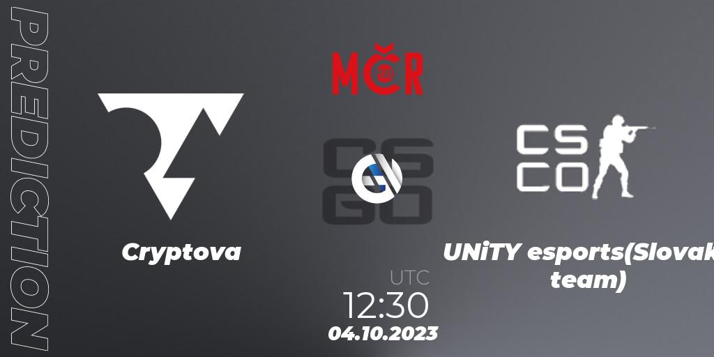 Cryptova contre UNITY Esports : prédiction de match. 04.10.23. CS2 (CS:GO), Tipsport Cup Prague Fall 2023: Online Stage