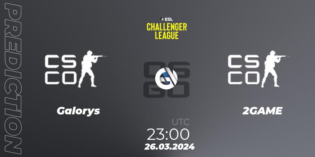 Galorys contre 2GAME : prédiction de match. 26.03.2024 at 23:00. Counter-Strike (CS2), ESL Challenger League Season 47: South America