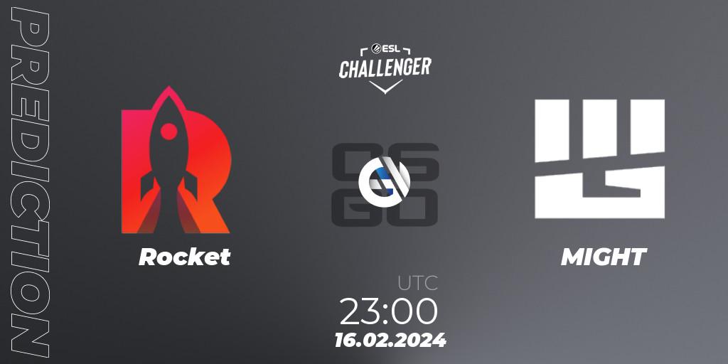 Rocket contre MIGHT : prédiction de match. 16.02.2024 at 23:10. Counter-Strike (CS2), ESL Challenger #56: North American Open Qualifier