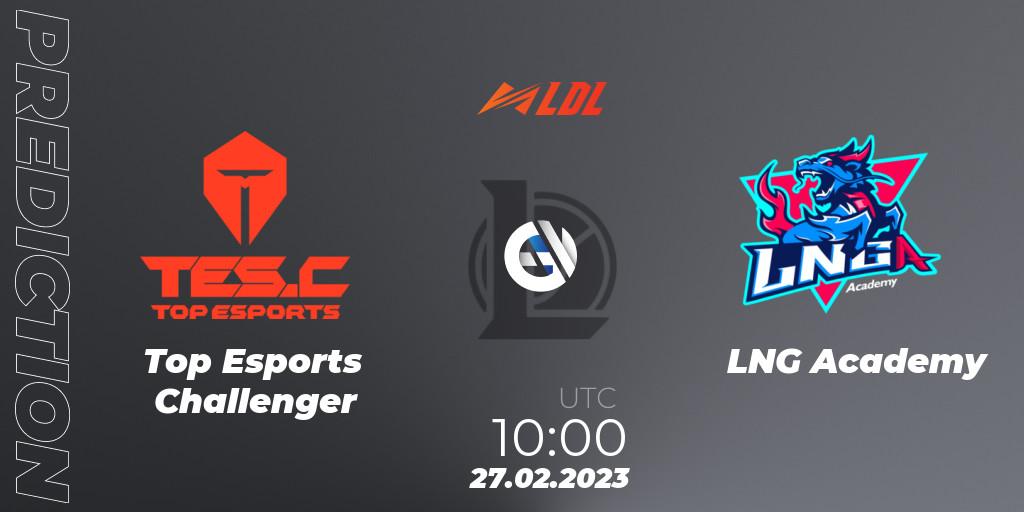 Top Esports Challenger contre LNG Academy : prédiction de match. 27.02.2023 at 10:00. LoL, LDL 2023 - Regular Season