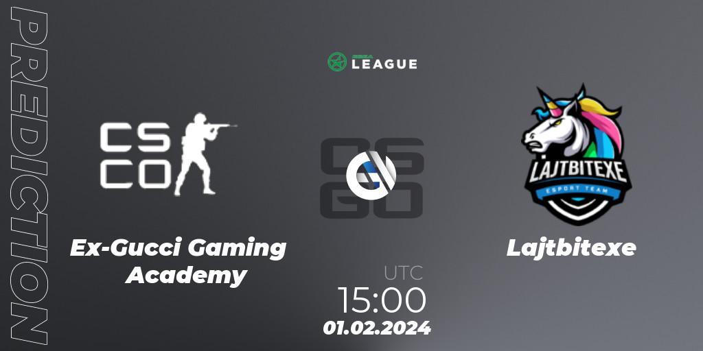 Ex-Gucci Gaming Academy contre Lajtbitexe : prédiction de match. 01.02.2024 at 15:00. Counter-Strike (CS2), ESEA Season 48: Advanced Division - Europe